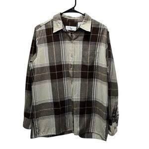 Ms. Lee | Vintage 90s Brown & Tan Plaid Long Sleeve Button Top Women’s Medium